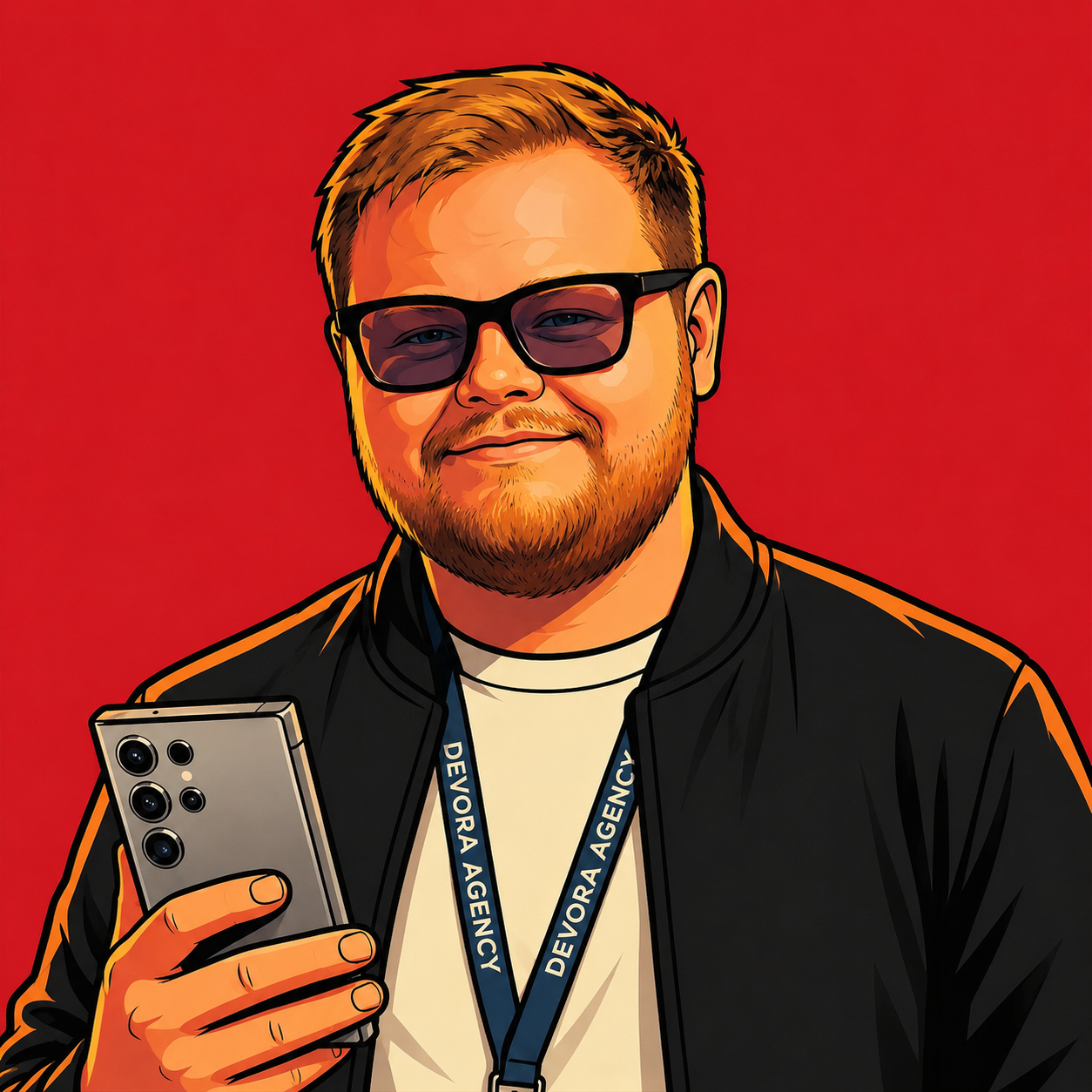 Portrait illustré d’Alex, fondateur de Devora Agency